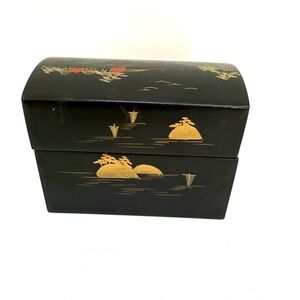 Aizu Wakamatsu Vintage Small Black Hand Painted Lacquerware Card Box